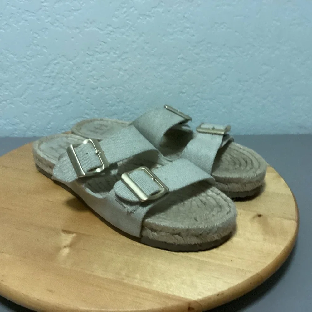 Haute Hippie Canvas Espadrille Flat Sandals Womens 10 Beige Double Buckle Slides